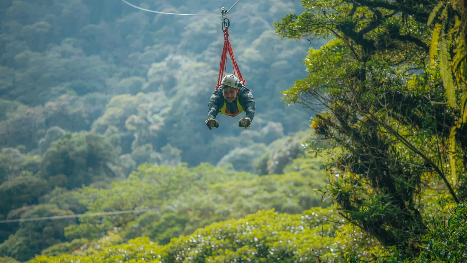 A zipliner in a superman-style harness soars over the lush forest canopy in Monteverde