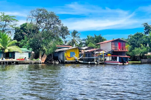 Riverside houses on stilts with docked boats along a waterway in Tortuguero, surrounded by trees