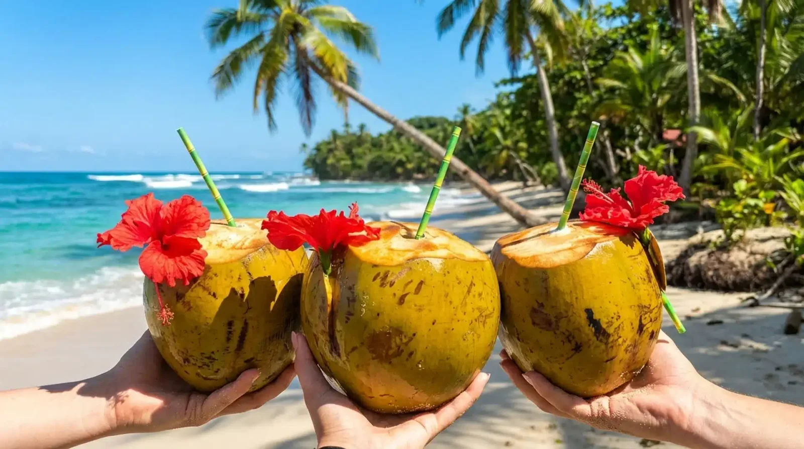 Three hands hold fresh coconuts with straws and hibiscus flowers on a tropical beach