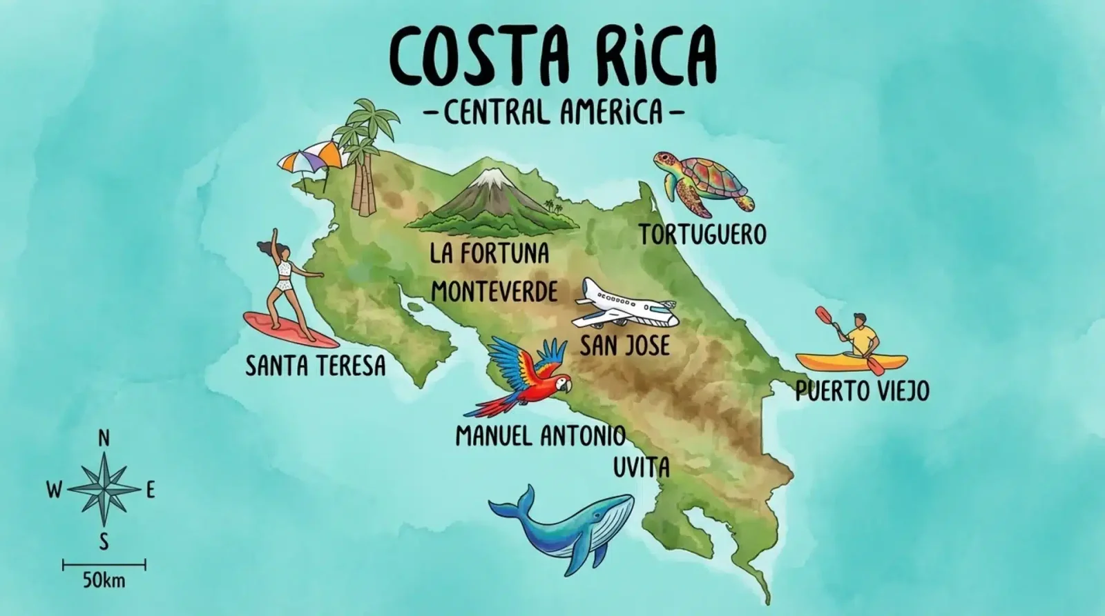 Illustrated map of Costa Rica showing regions like La Fortuna, Monteverde, Tortuguero, and Manuel Antonio with icon graphics