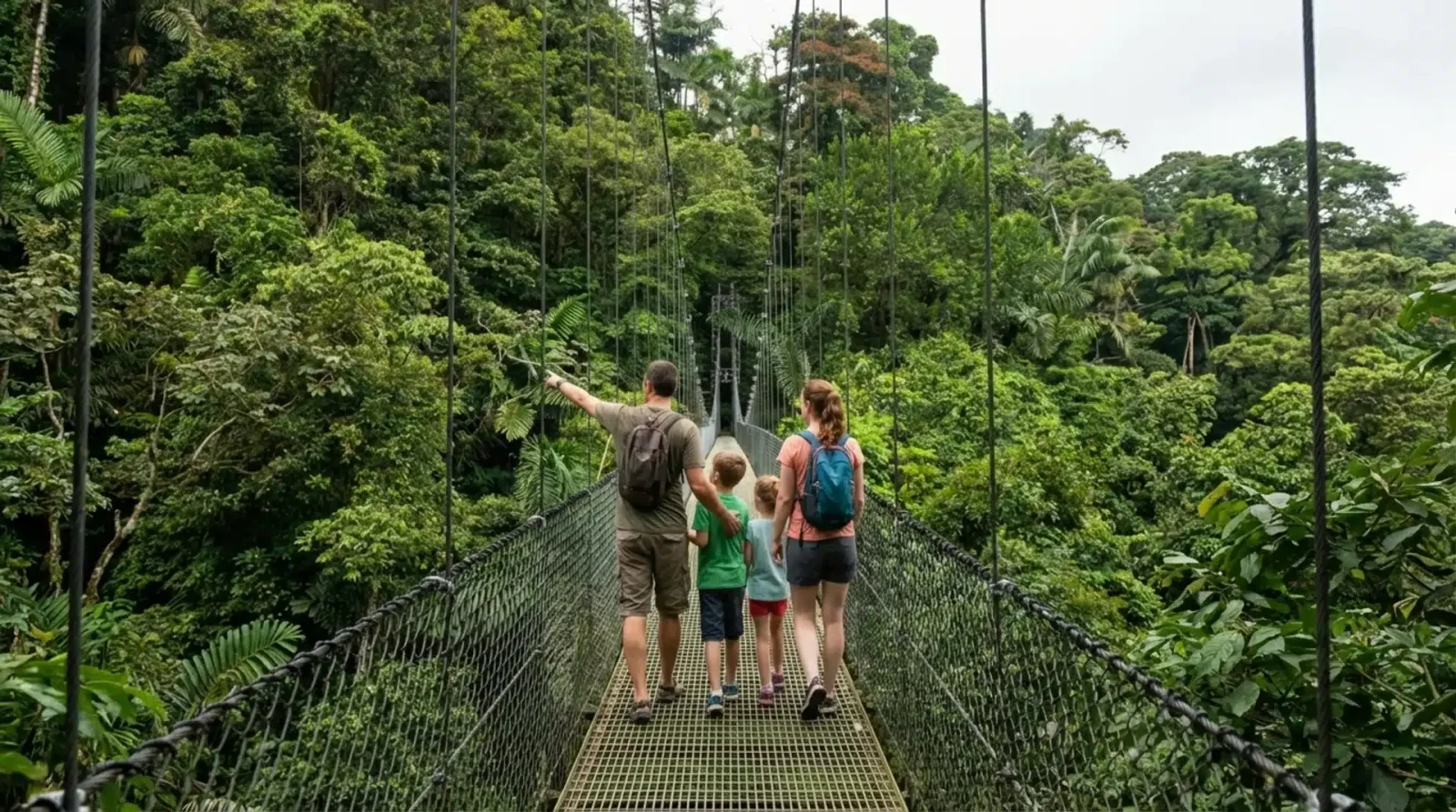 Family walking across a suspension bridge through the rainforest canopy in Costa Rica