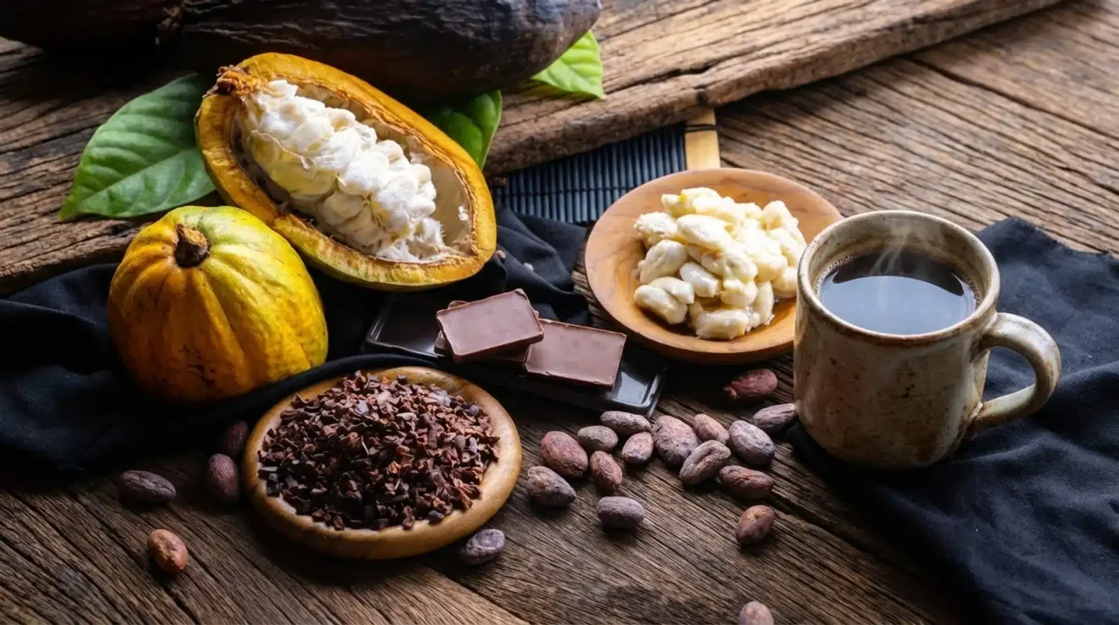Cacao pods, cocoa beans, chocolate pieces and a steaming coffee cup arranged on a wooden table