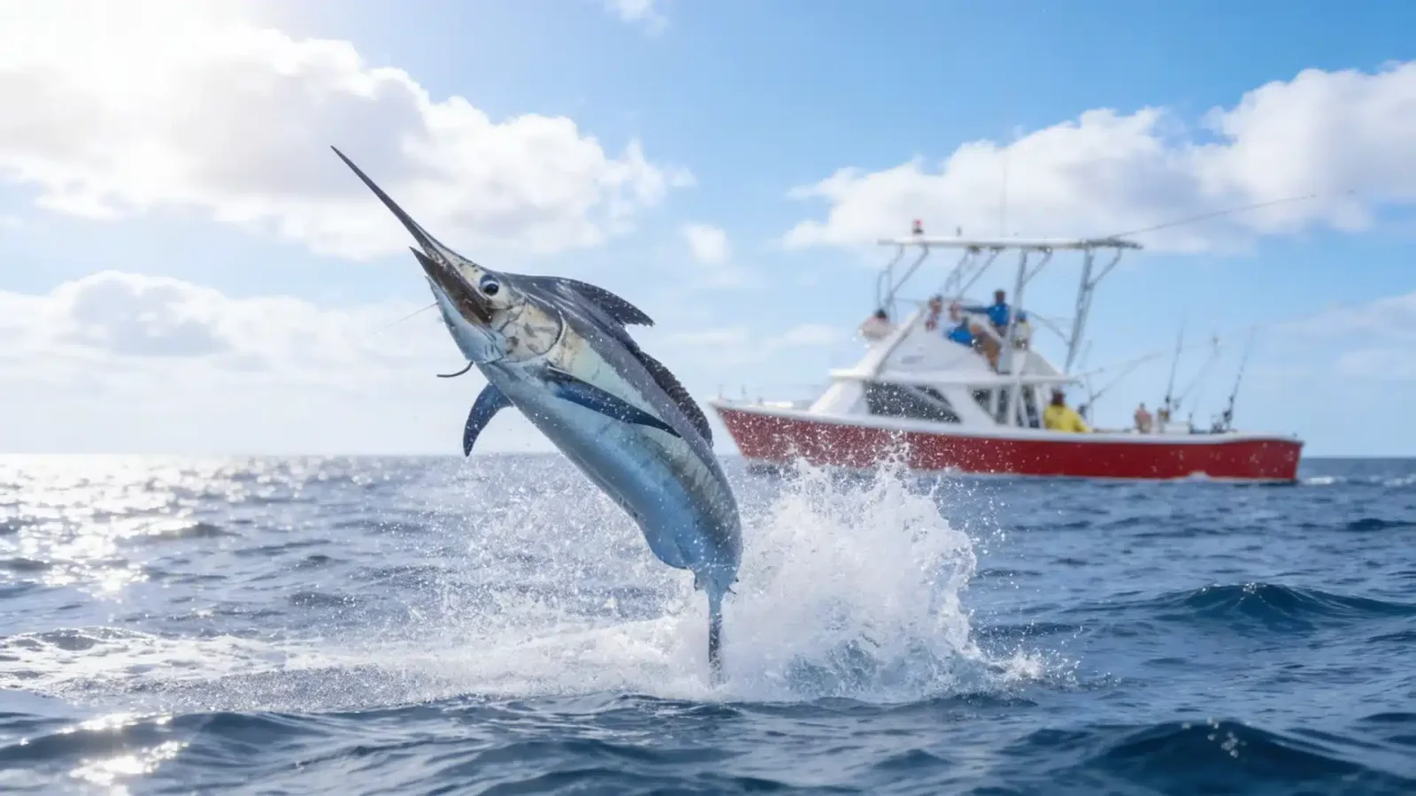 A sailfish leaps from the ocean, splashing near a red and white sport fishing boat