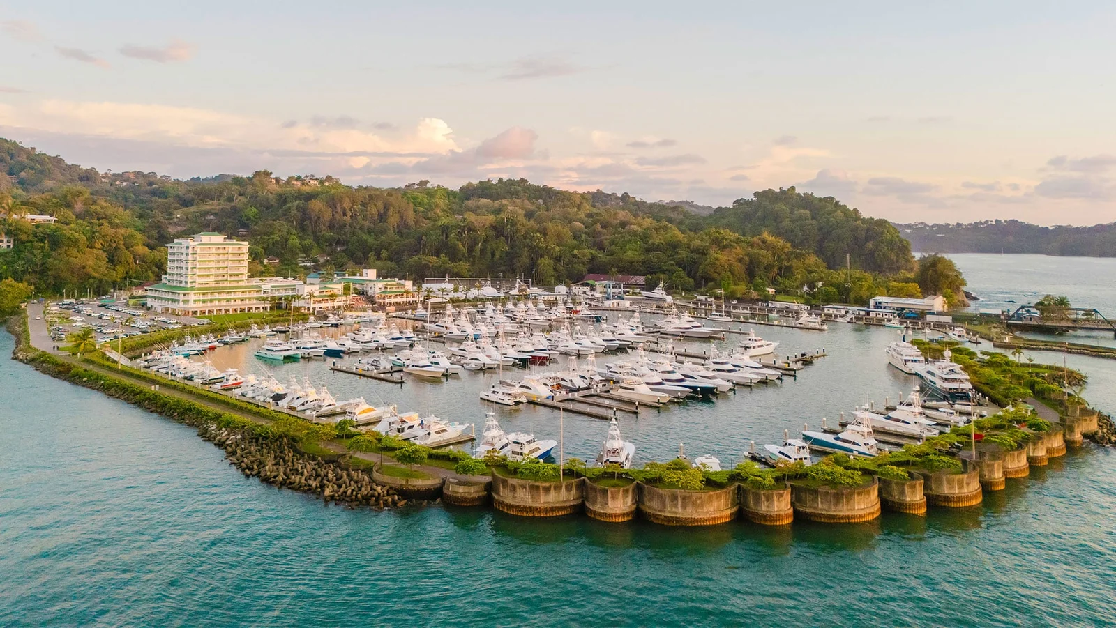 Aerial view of a marina in Quepos with rows of boats docked along a breakwater lined with palm trees