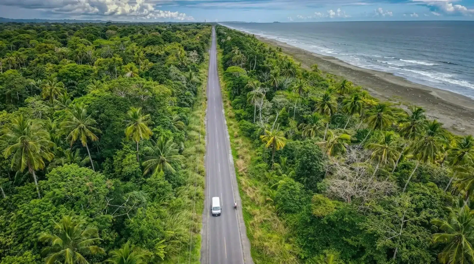 Aerial view of a straight road through palm forest running alongside a coastal beach