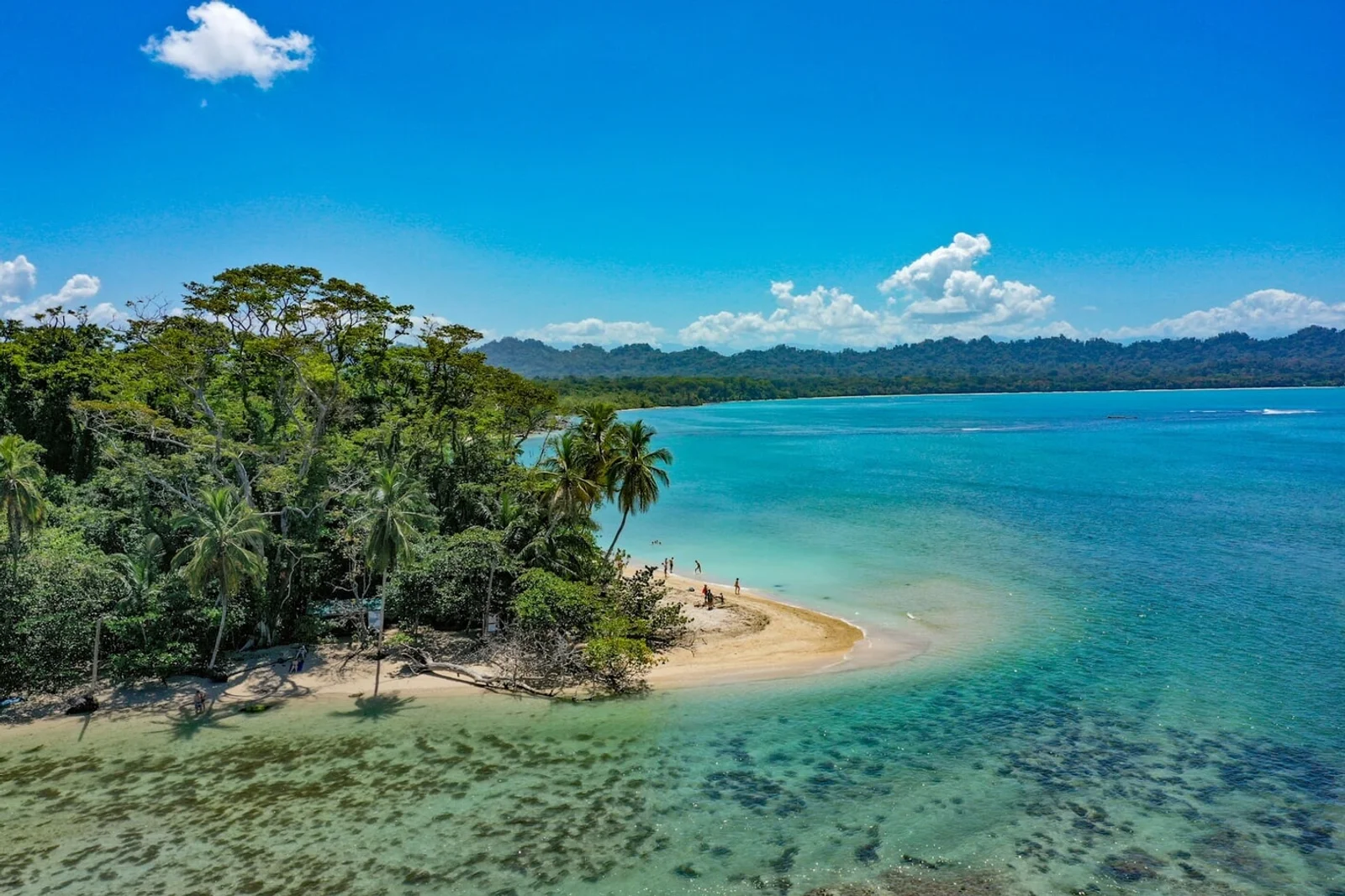 Aerial view of a tree-lined sandy point at Cahuita National Park with turquoise water and distant hills