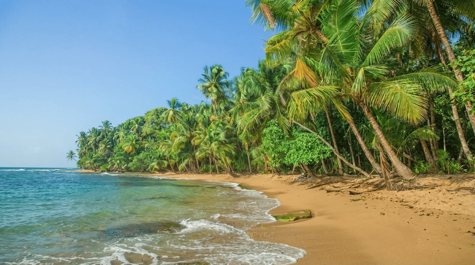 Palm trees line a curving sandy beach with turquoise water and gentle waves in Puerto Viejo