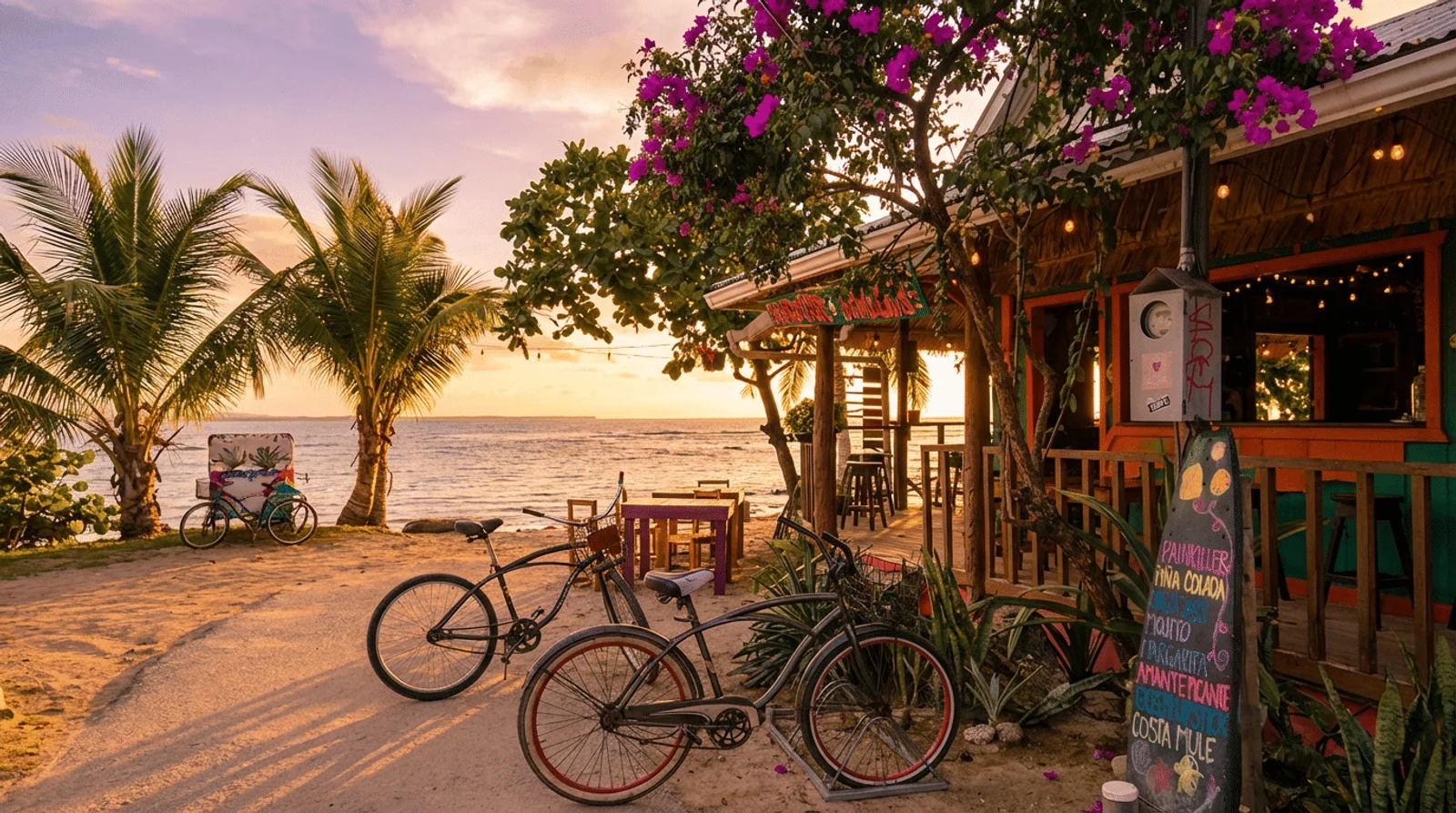 Bicycles parked outside a beachfront bar with a chalkboard drink menu, palm trees and ocean at sunset