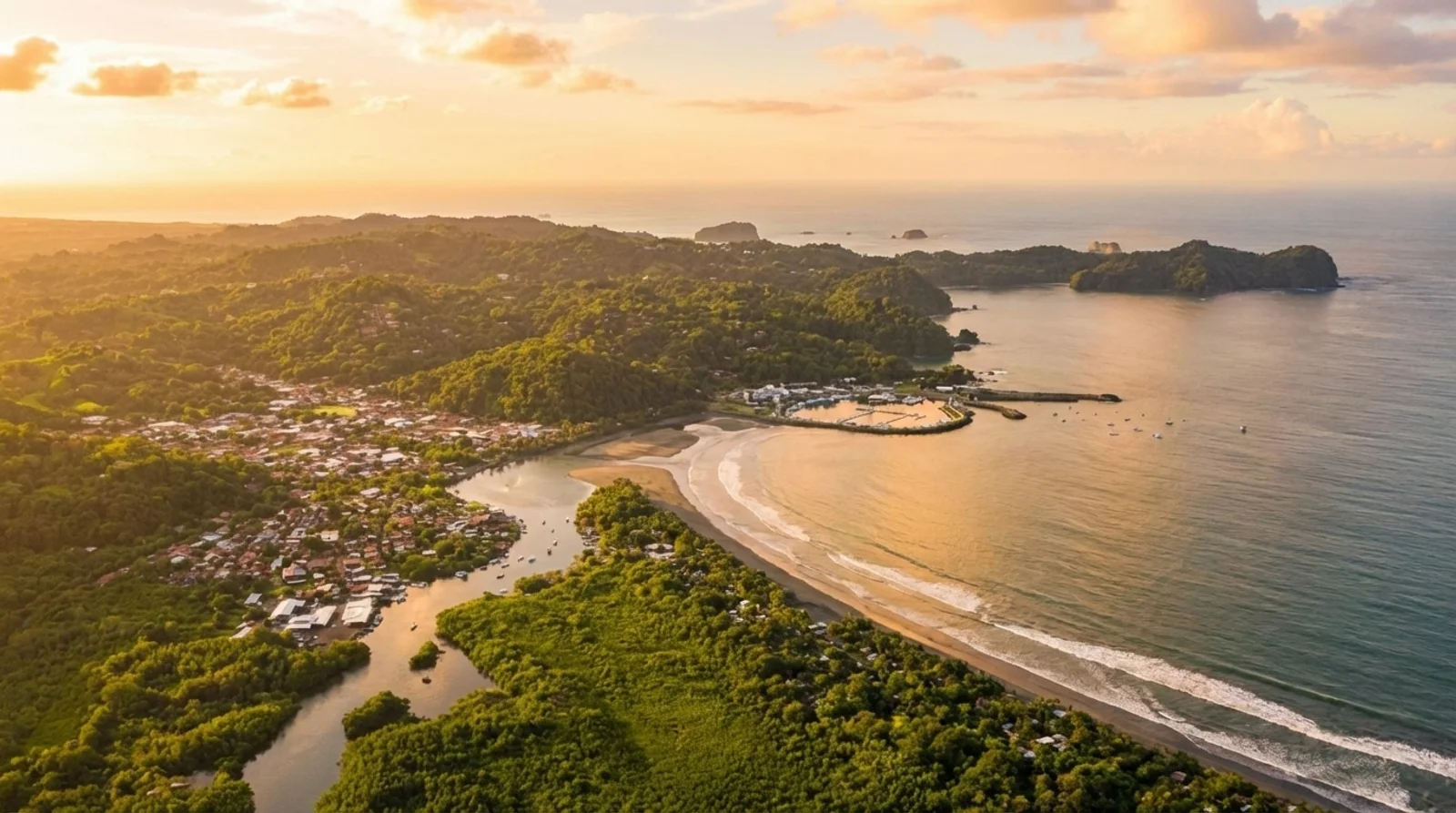 Aerial view of Manuel Antonio coastline with beach, river estuary, and forested headland at sunset