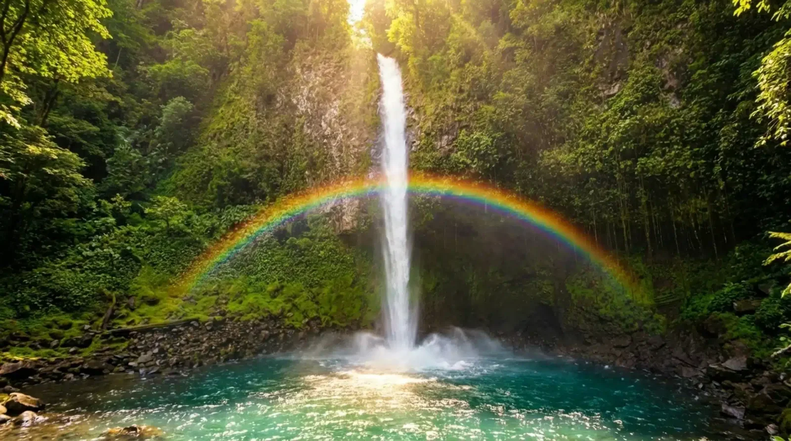 A tall waterfall drops into a turquoise pool, with a rainbow arching through the mist in a lush rainforest