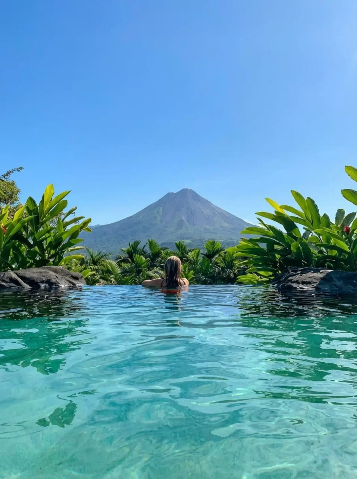 Person swimming in an infinity pool with a clear view of Arenal Volcano in Costa Rica