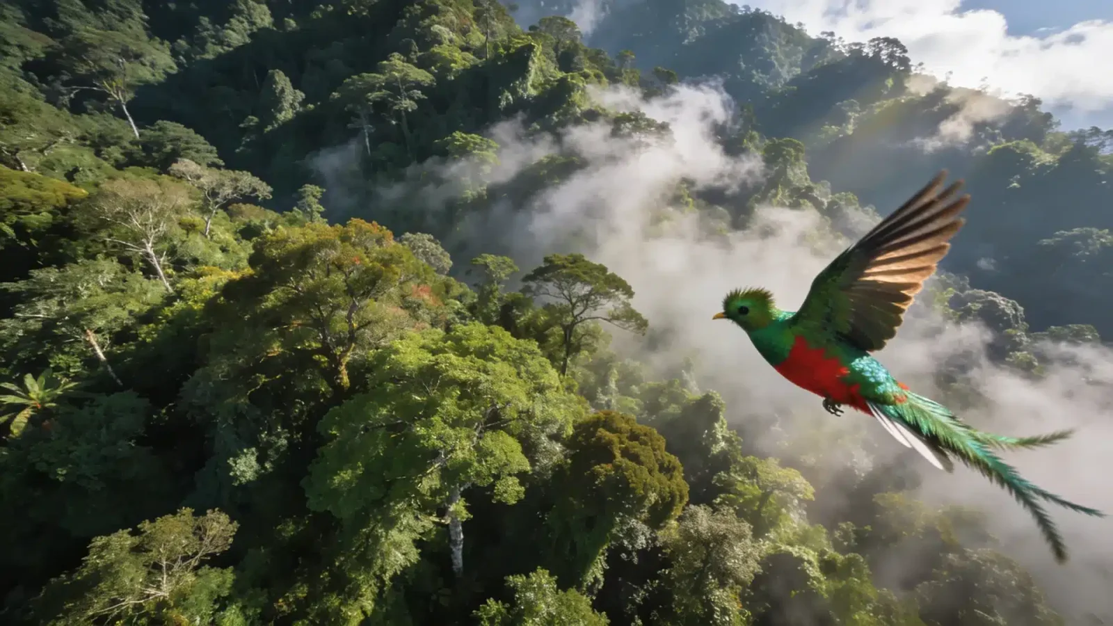 A resplendent quetzal flies with wings spread over misty cloud forest treetops in Monteverde