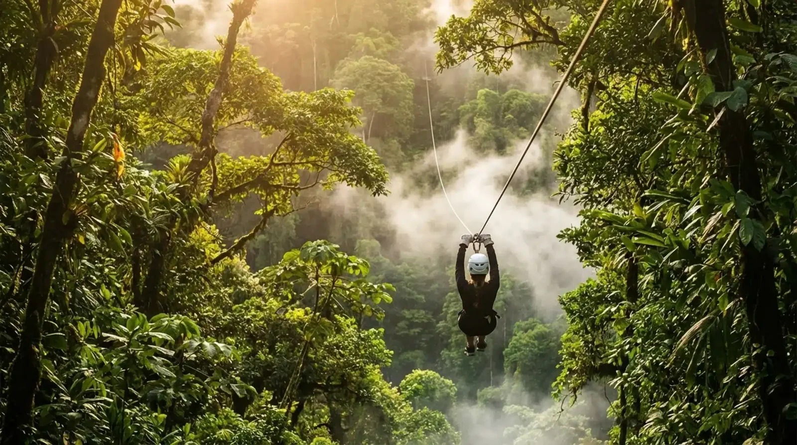 Person zip-lining above a misty rainforest canopy in Monteverde, Costa Rica