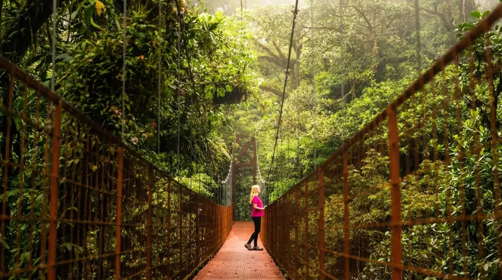 A woman in a pink shirt crosses a rusty metal suspension bridge through Monteverde's cloud forest canopy