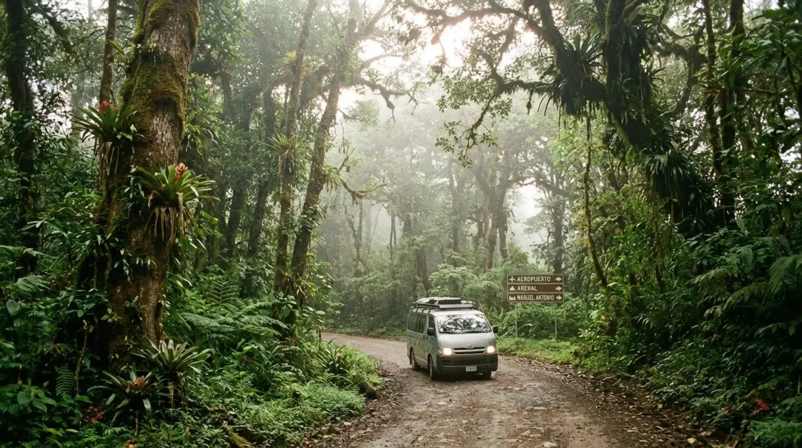 A van drives on a misty dirt road through dense forest, passing a signpost pointing to Arenal and other destinations