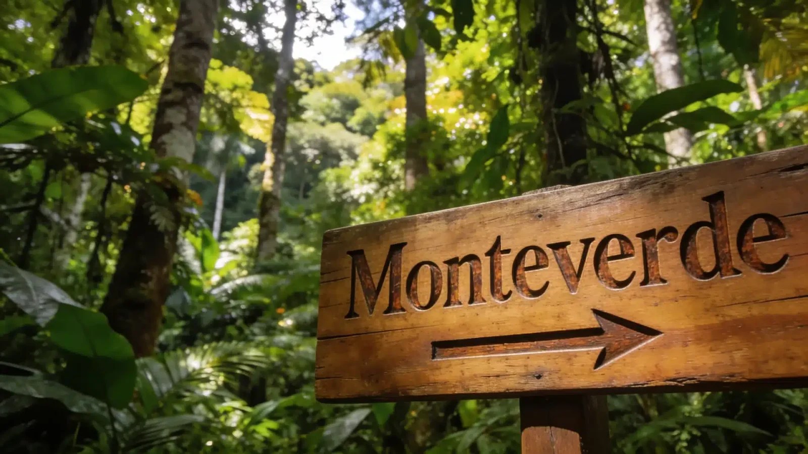 Wooden trail sign reading "Monteverde" with an arrow, set against a lush green forest