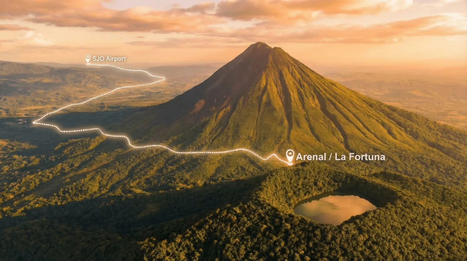 Map graphic showing a route from SJO Airport to Arenal Volcano and La Fortuna over a volcanic landscape