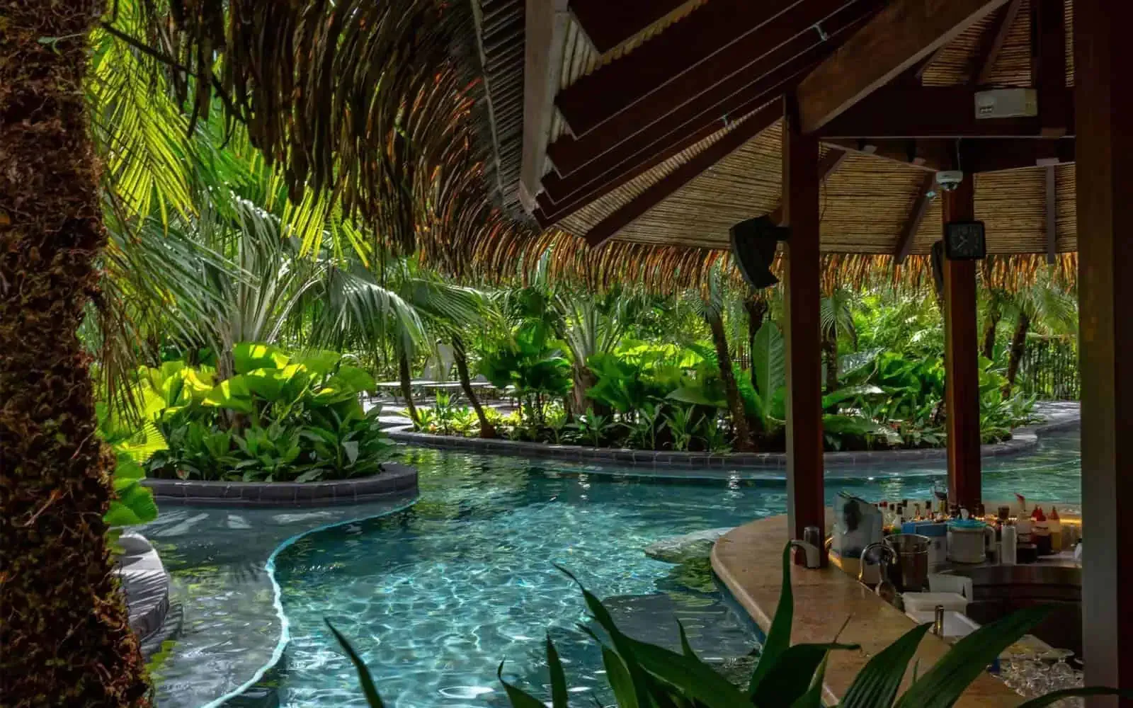 A thatched-roof poolside bar overlooks a curving resort pool surrounded by tropical palms and greenery