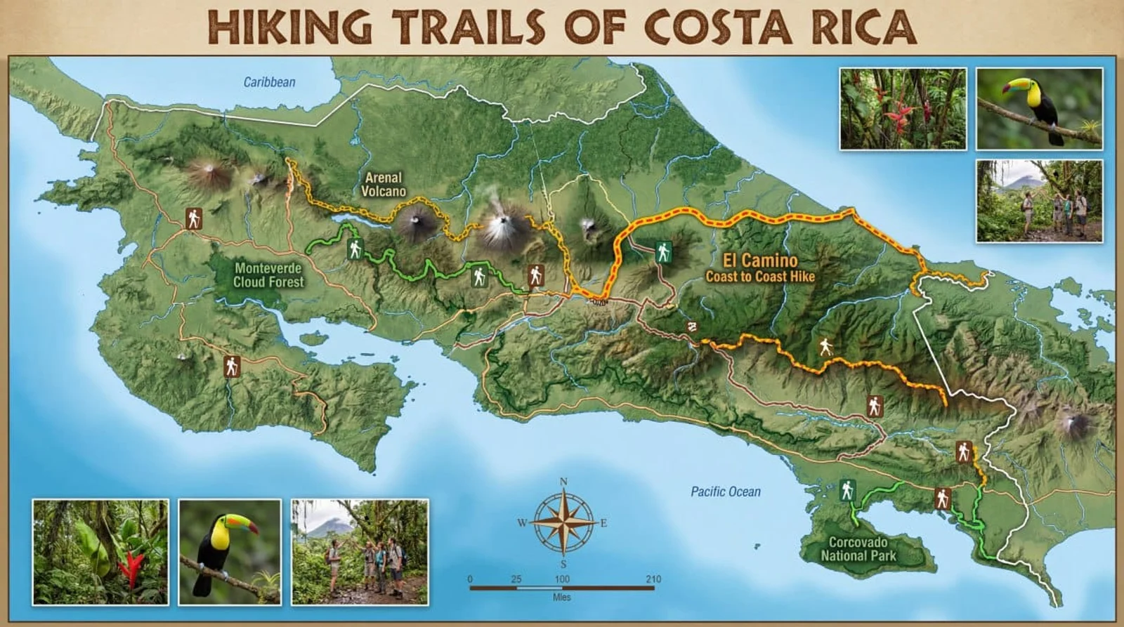 Illustrated map of hiking trails across Costa Rica, including the El Camino coast-to-coast route