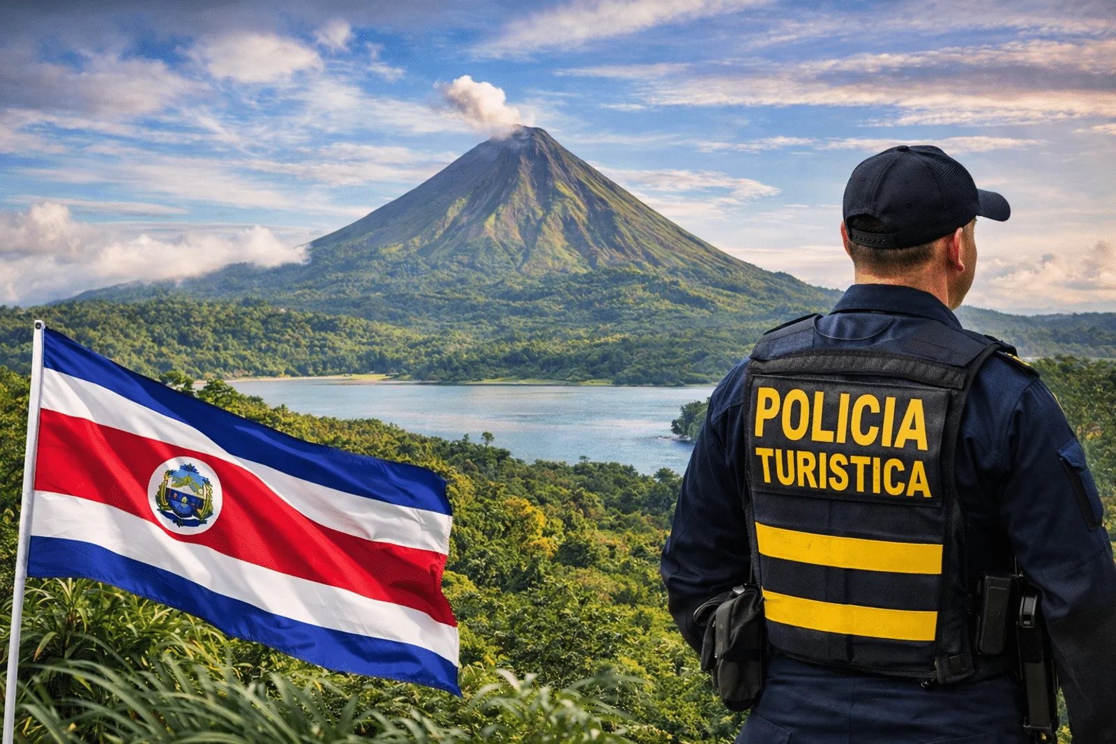 Tourist police officer overlooks Arenal Volcano and lake, with Costa Rica flag in foreground