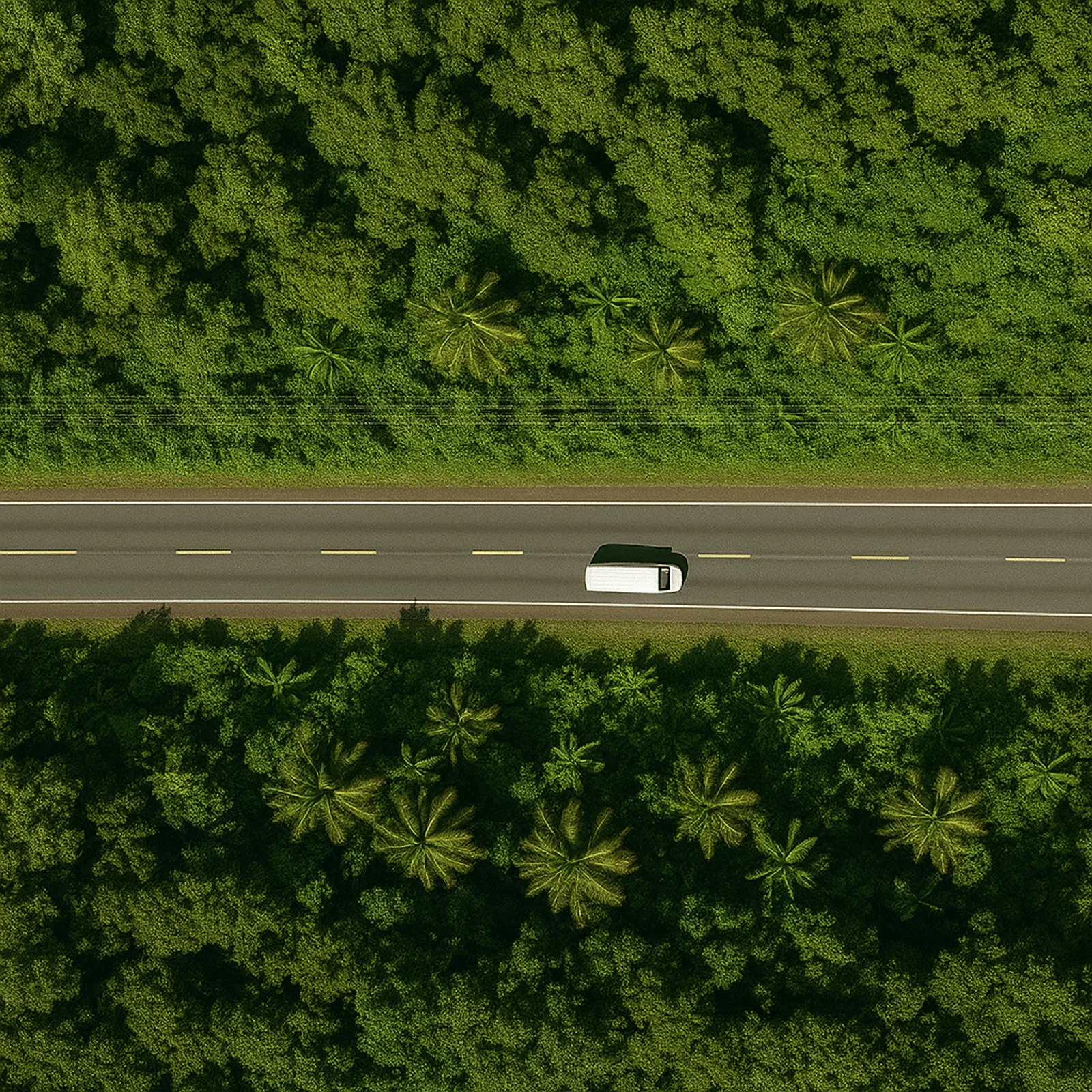 Aerial view of a single van driving on a road cutting through dense green jungle with palm trees