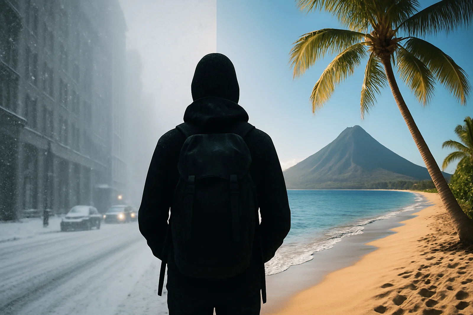 Split composite image contrasting a snowy city street with a tropical beach and volcano, person in silhouette between them