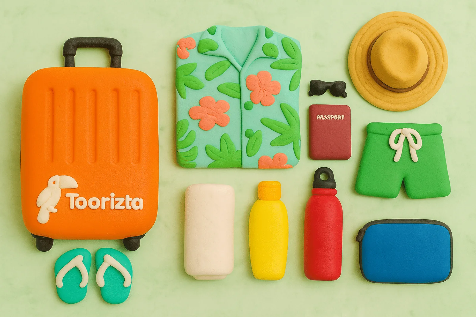 Clay-style travel packing icons: orange suitcase, floral shirt, hat, passport, shorts, sandals, and toiletries