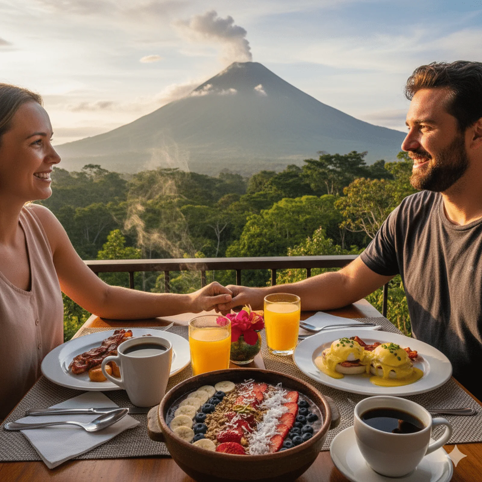 Couple holding hands over breakfast on a terrace with a smoking volcano and rainforest view