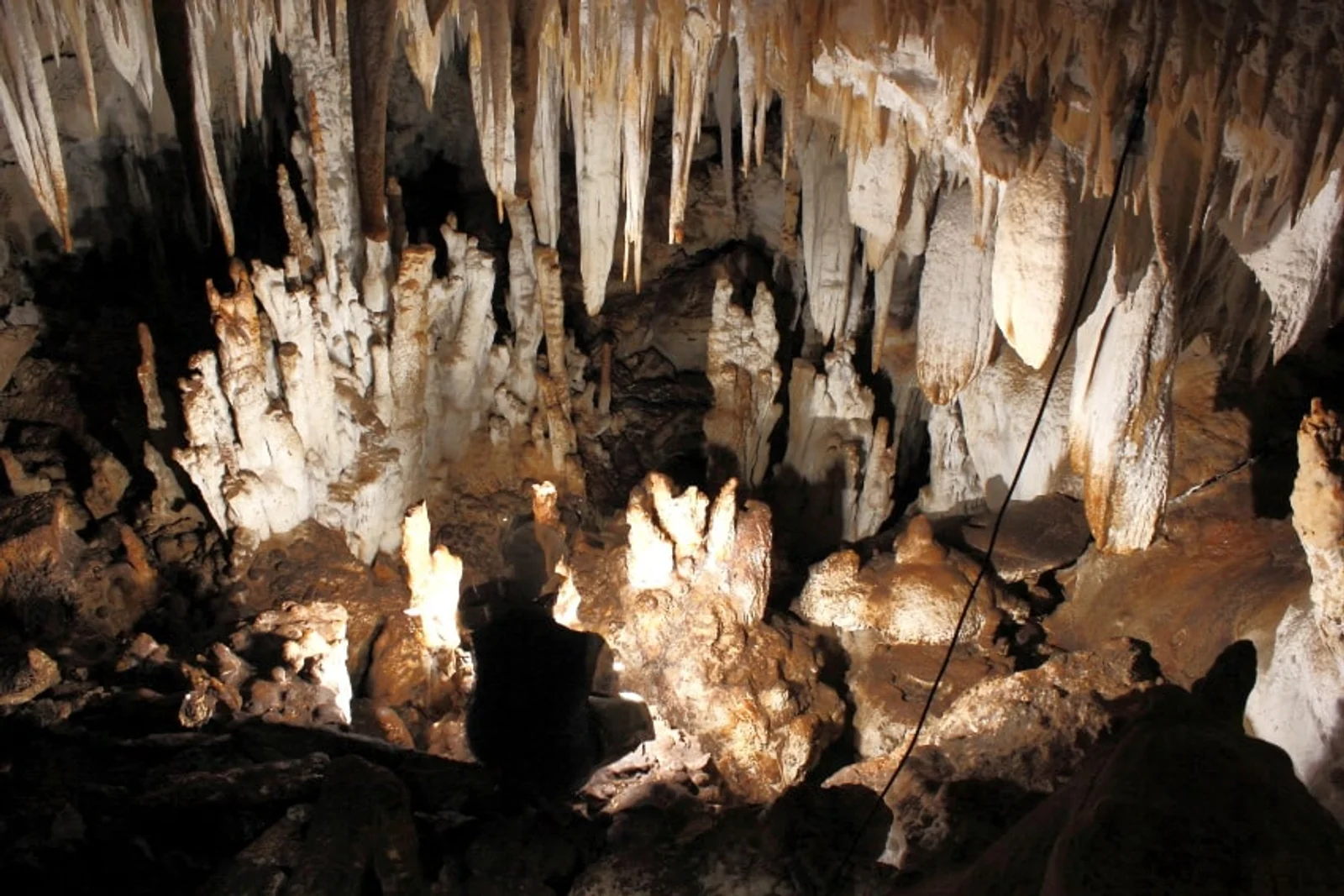 Stalactites and stalagmites fill a dimly lit limestone cave chamber