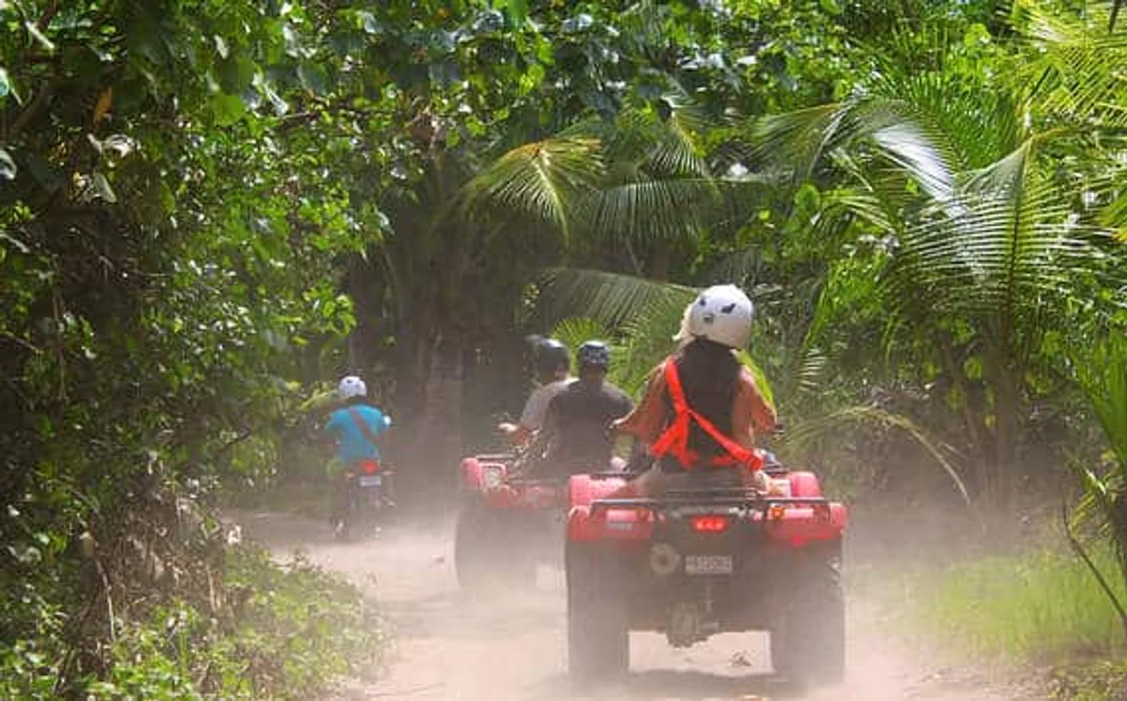 Riders wearing helmets drive ATVs along a dusty jungle trail lined with palms and greenery