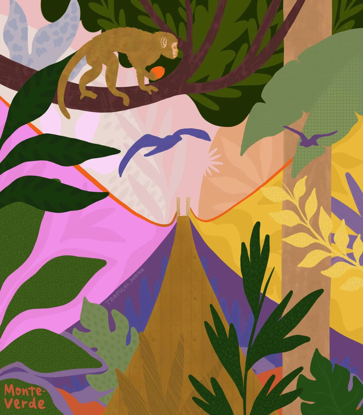 Illustrated artwork of a monkey on a branch, birds in flight, and a mountain, labeled Monte Verde