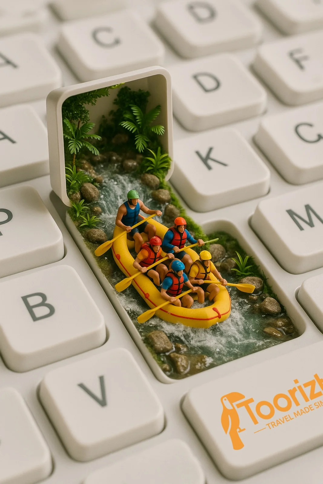 Miniature diorama of a whitewater rafting scene with tiny figures in a raft, set inside a computer keyboard key