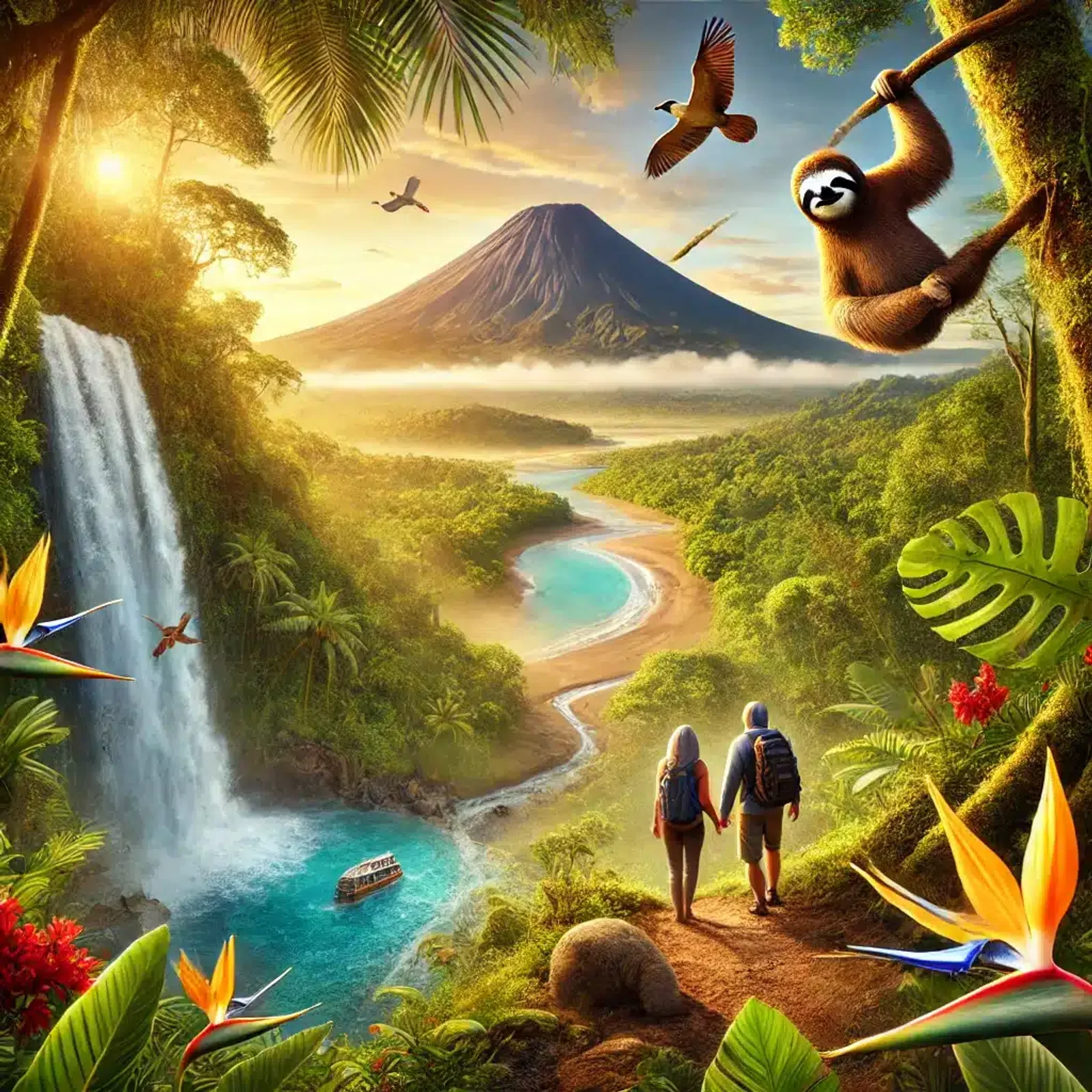 Digitally composed scene of a volcano, waterfall, river and hikers with a sloth, birds and tropical flowers