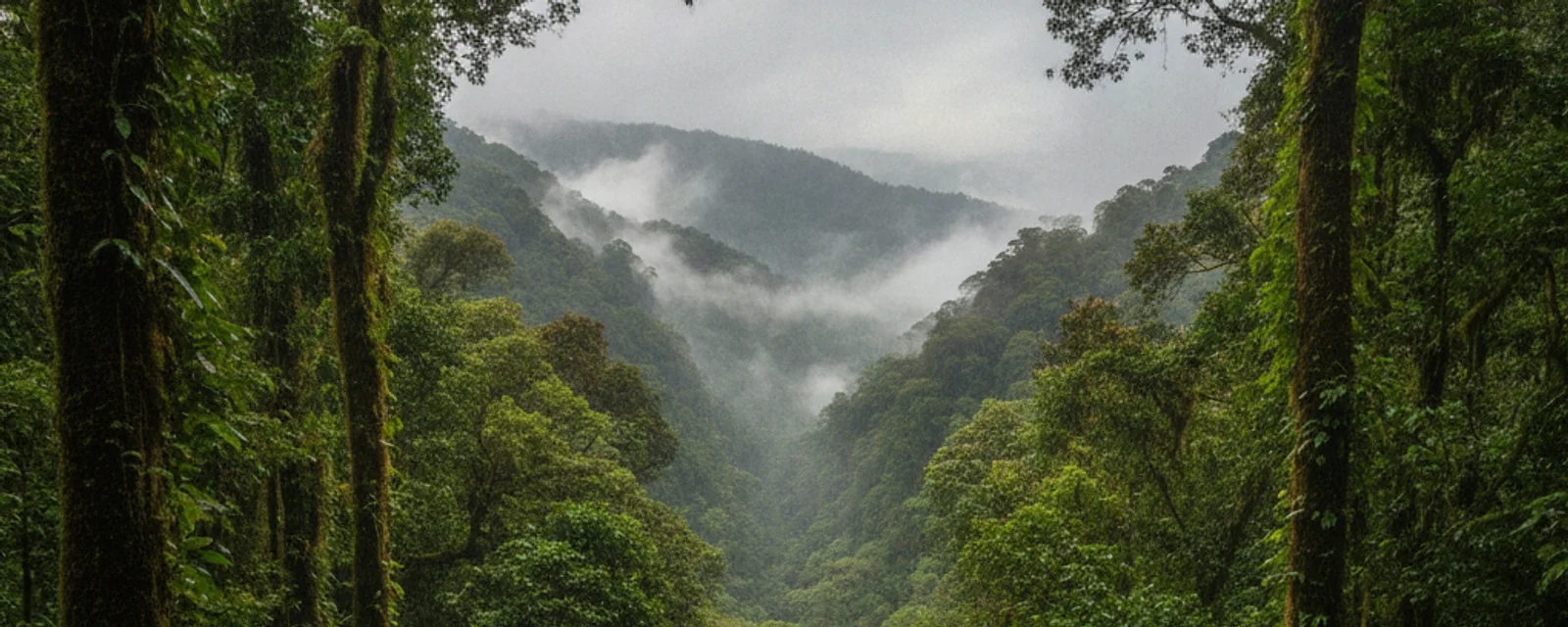 Misty cloud forest valley with fog drifting between forested mountain ridges in Costa Rica