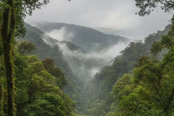 Misty cloud forest valley with fog drifting between forested mountain ridges in Costa Rica