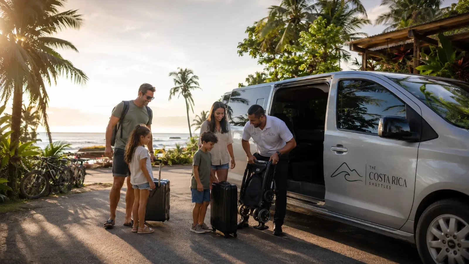 A family with luggage and a stroller boards a Costa Rica Shuttles van near palm trees by the coast