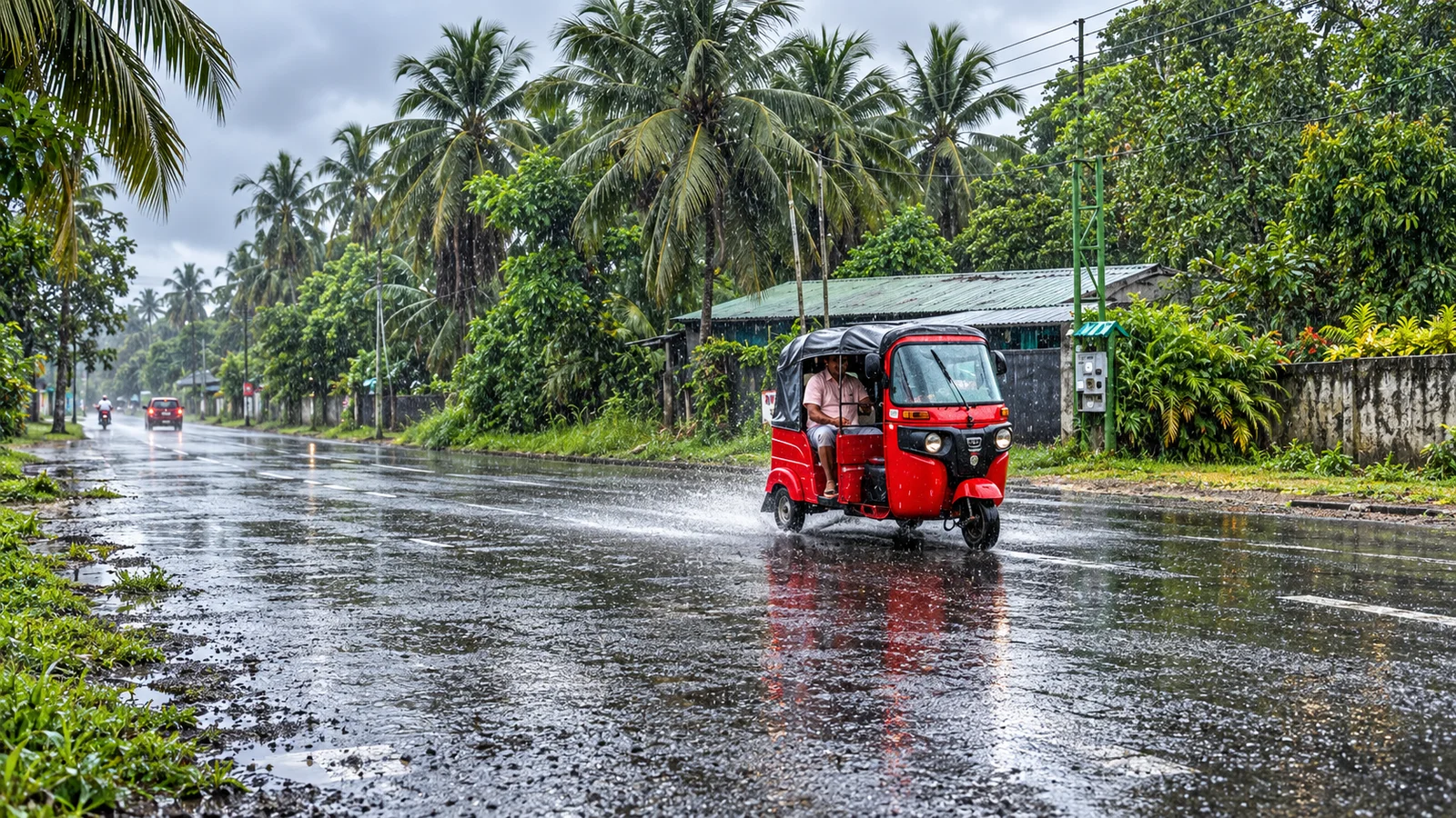 A red auto rickshaw drives down a wet road in the rain, lined with palm trees and a small roadside building
