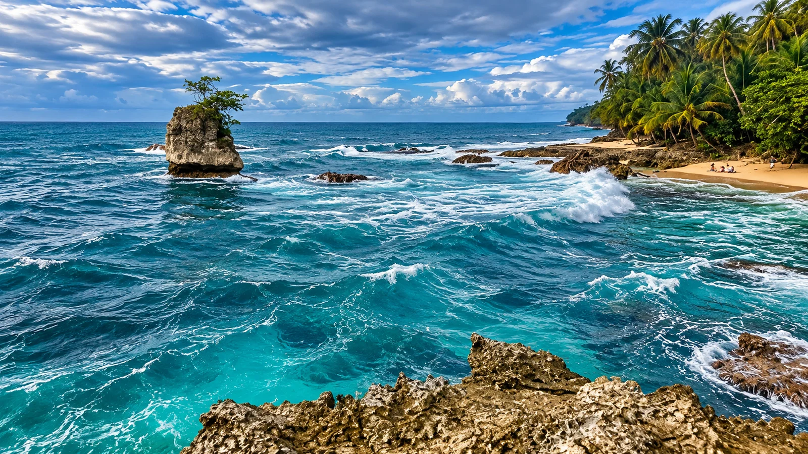 Turquoise waves crash against a rocky sea stack and palm-lined shore on Costa Rica's Caribbean coast