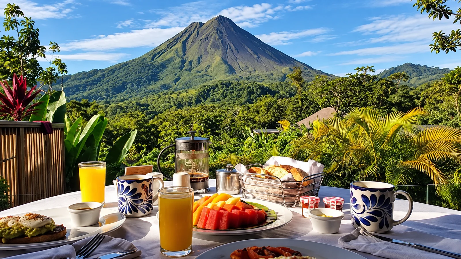Breakfast table with fruit, juice and coffee overlooking Arenal Volcano and rainforest