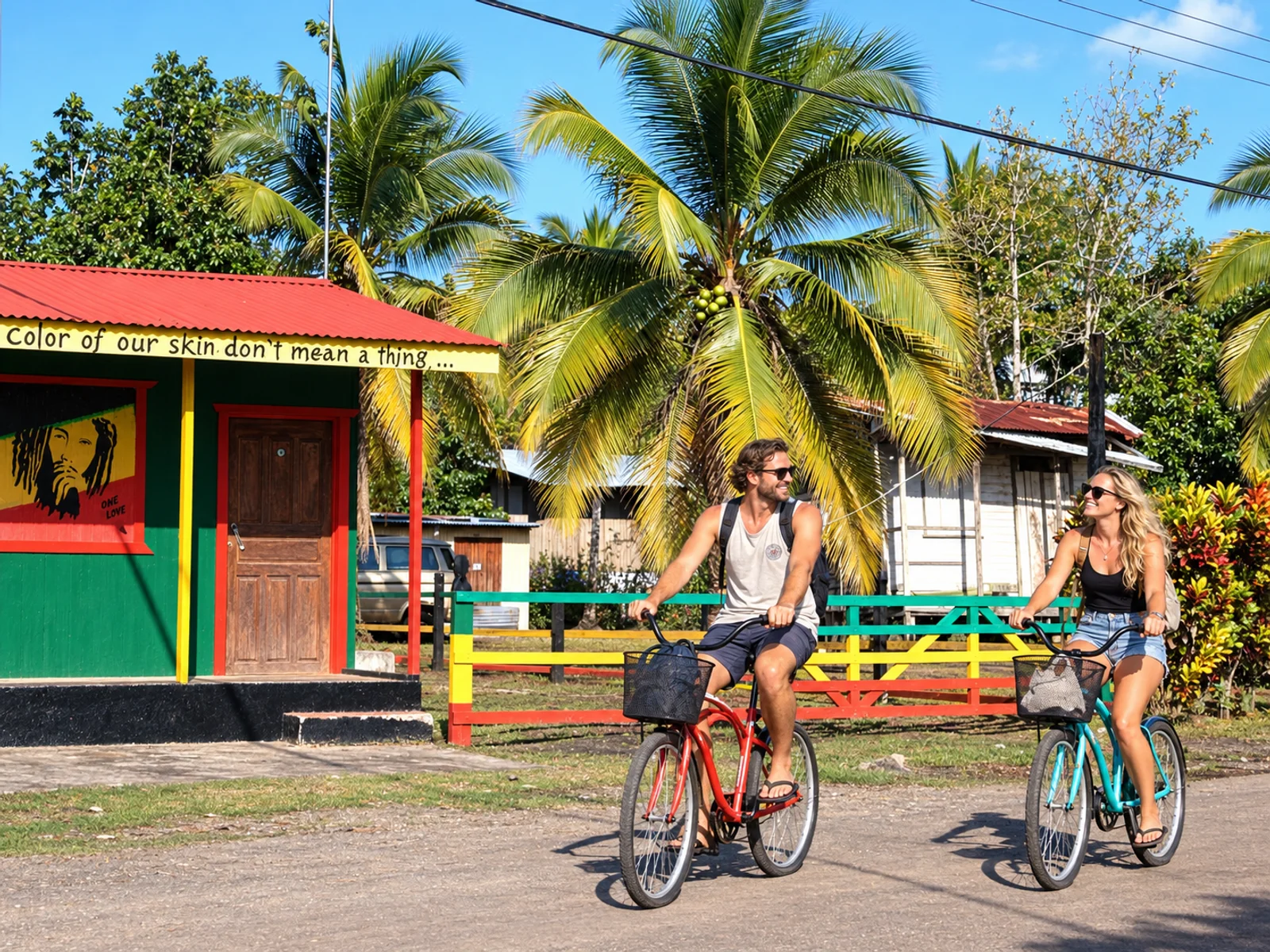 Couple riding cruiser bicycles past a colorful Rasta-painted building with palm trees in Puerto Viejo