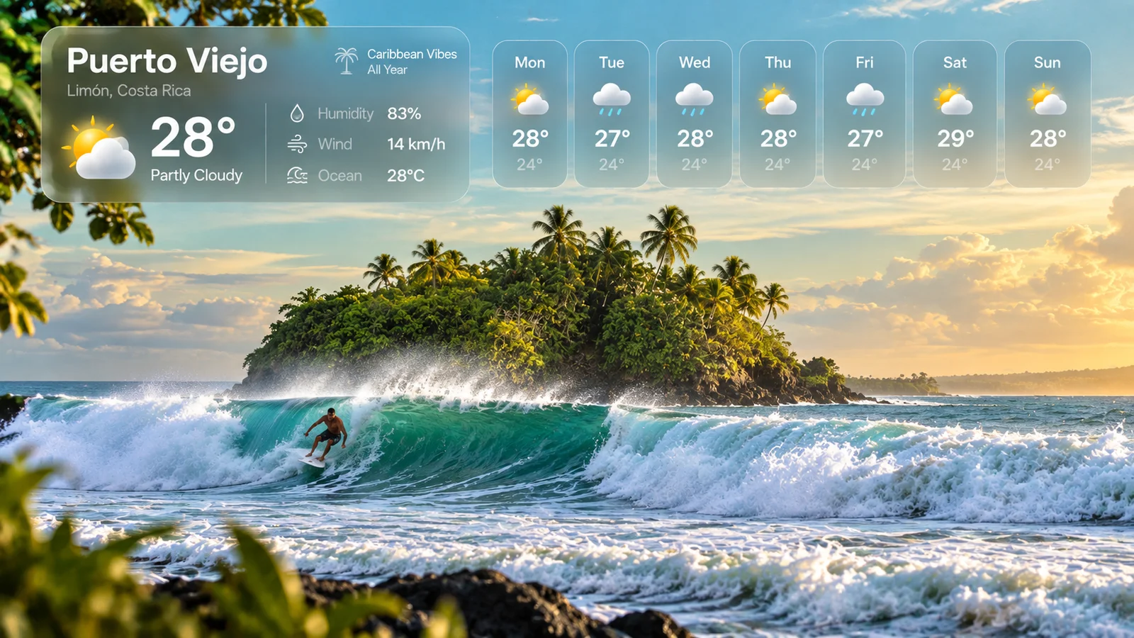 Surfer riding a wave near a jungle-covered island, with a weather forecast overlay for Puerto Viejo, Costa Rica