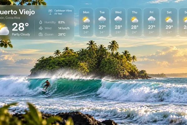 Surfer riding a wave near a jungle-covered island, with a weather forecast overlay for Puerto Viejo, Costa Rica