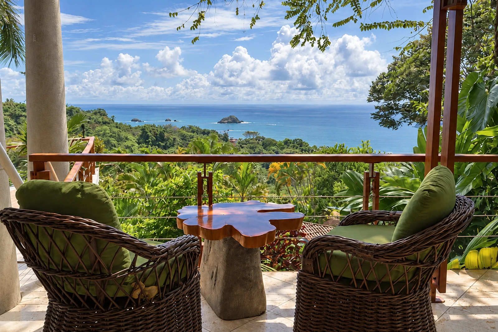 Wicker chairs and a wooden table on a jungle-view balcony overlooking Manuel Antonio's coastline