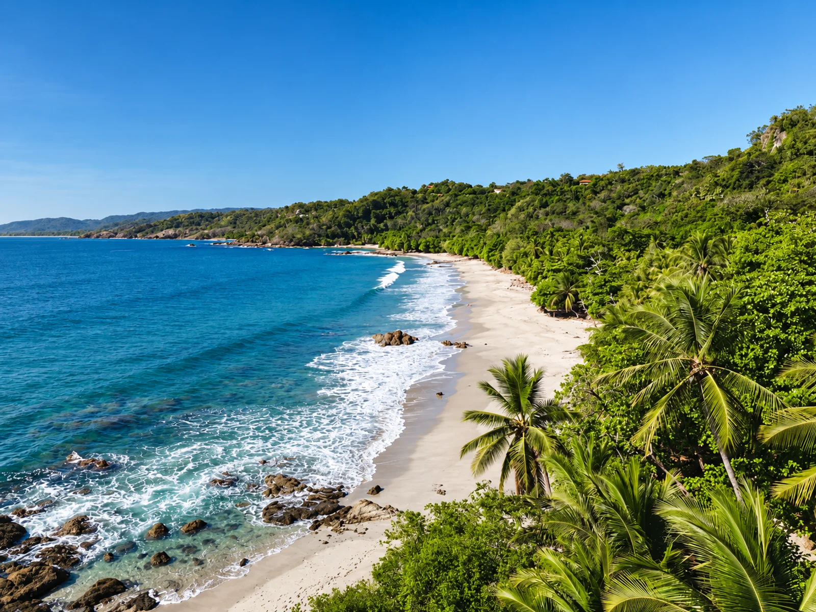 Aerial view of a curved sandy beach with turquoise waves, rocky shoreline, and palm trees along a forested coastline