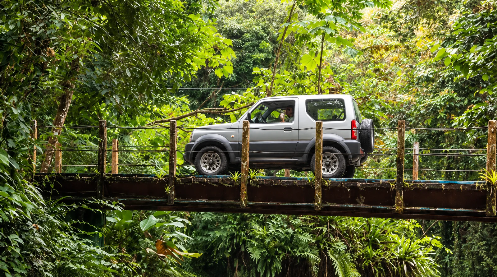 A silver 4x4 SUV crosses a narrow wooden plank bridge through a dense green forest