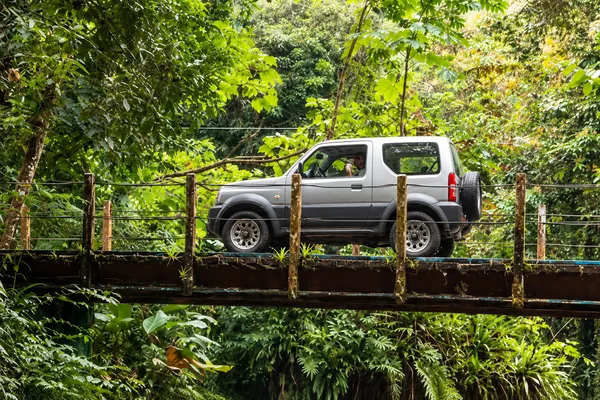 A silver 4x4 SUV crosses a narrow wooden plank bridge through a dense green forest