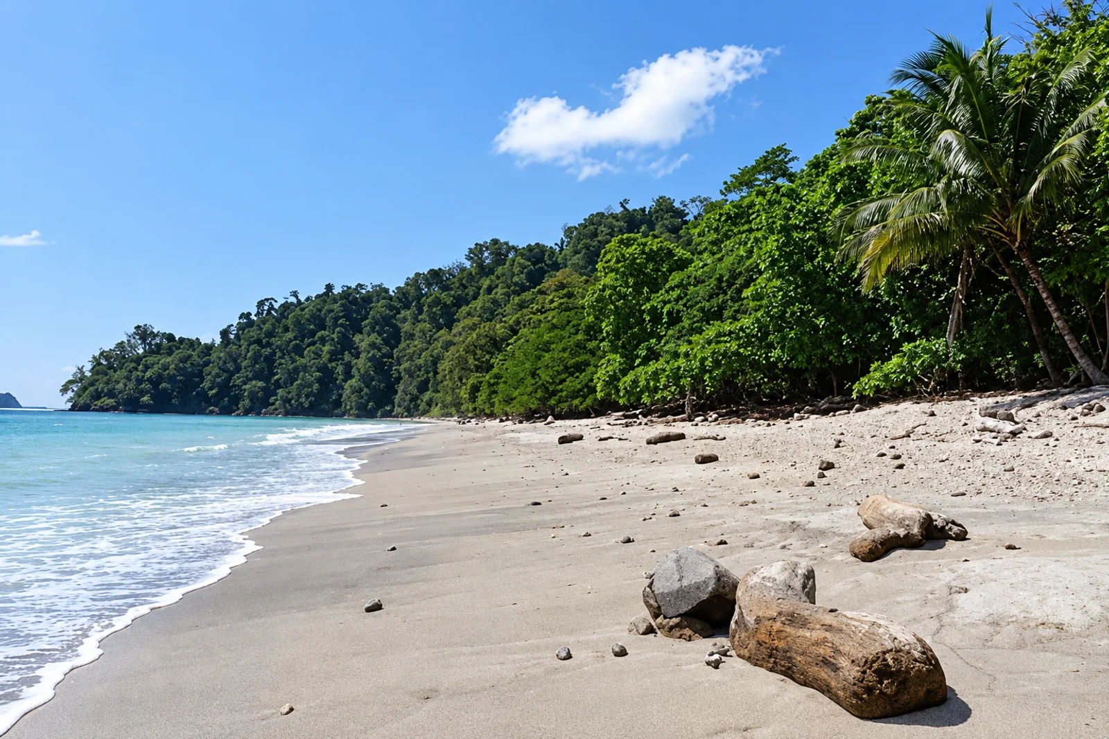 Secluded sandy beach with scattered rocks, lined by dense tropical forest and palm trees along the shore