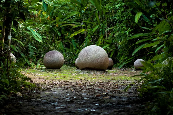 Ancient stone spheres resting on a grassy jungle path surrounded by dense green foliage