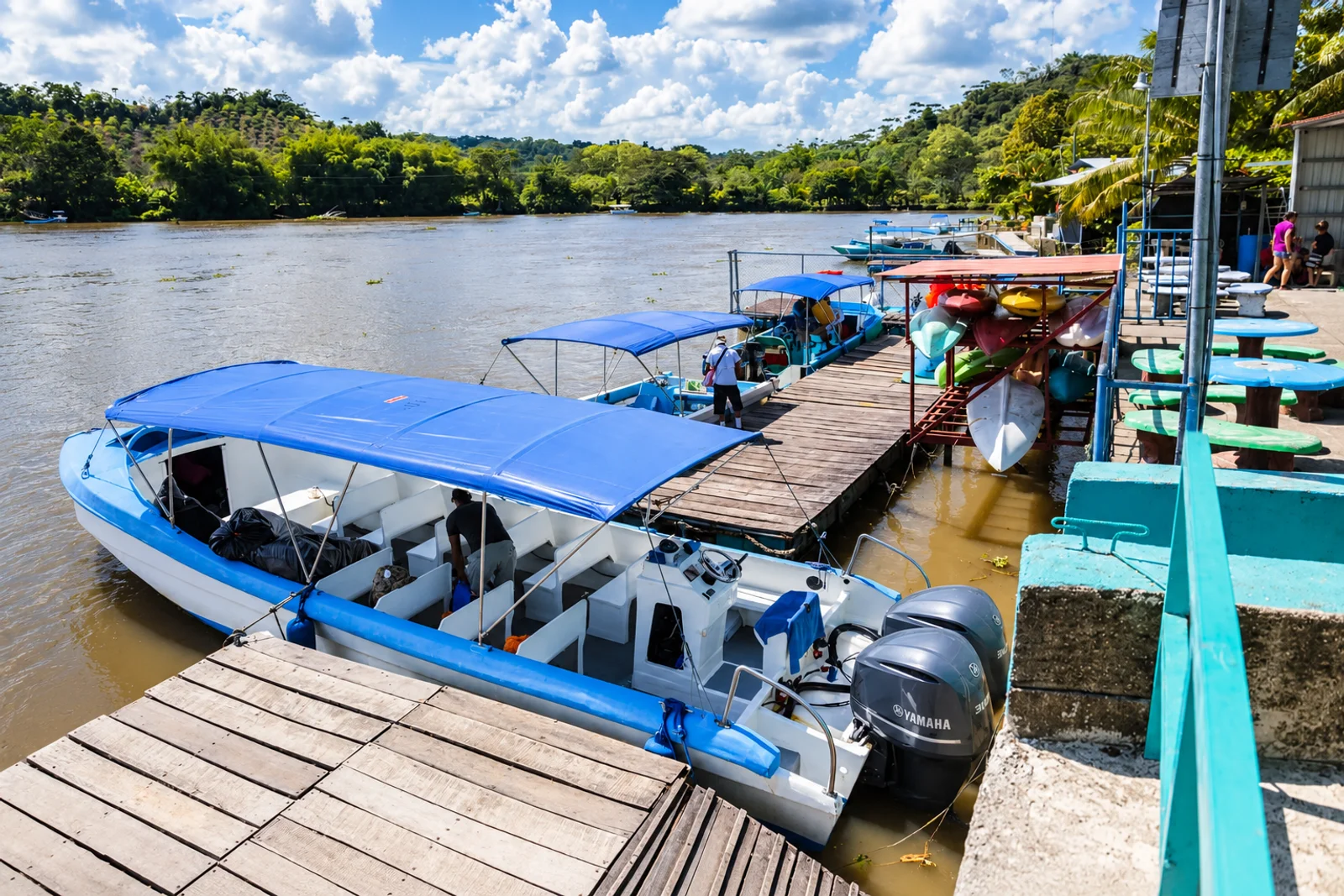 Tour boats with blue canopies docked at a wooden pier on a river, with forested hills beyond
